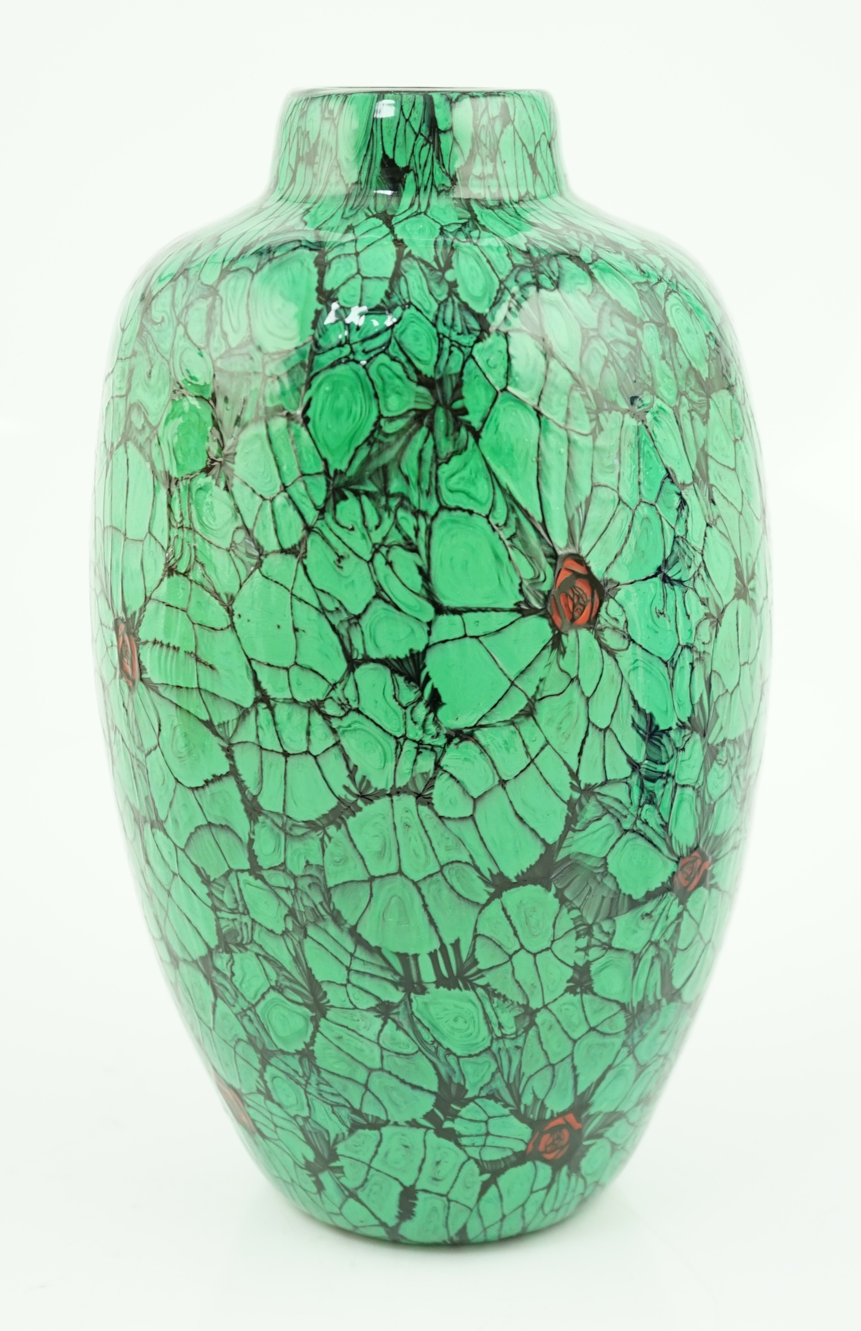 Vittorio Ferro (1932-2012) A Murano glass Murrine vase, with green leaves and red flower buds, unsigned, 28cm, Please note this lot attracts an additional import tax of 20% on the hammer price